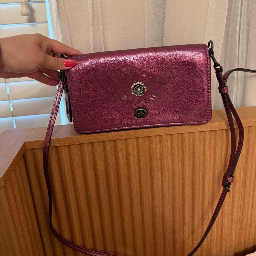 Coach Dinky Metallic Purple Pink Leather Kisslock Crystal Embellished Crossbody
